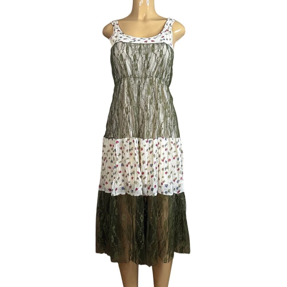 A'reve Sleeveless Midi Dress Ivory Floral Olive Green Lace Size Medium
